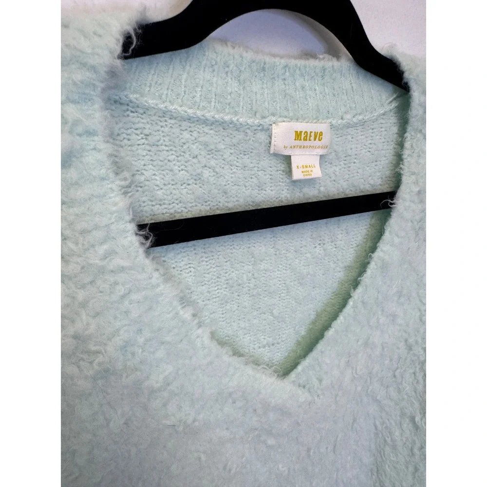 Maeve Anthropologie Mint GreenFuzzy V-Neck‎ Merino Wool Blend Sweater XS